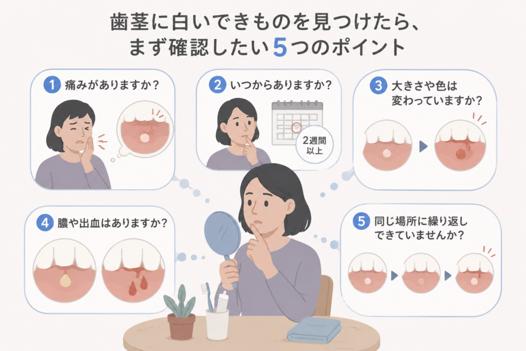 歯茎の白いできものを見つけたときに確認する5つのポイントをイラストで解説