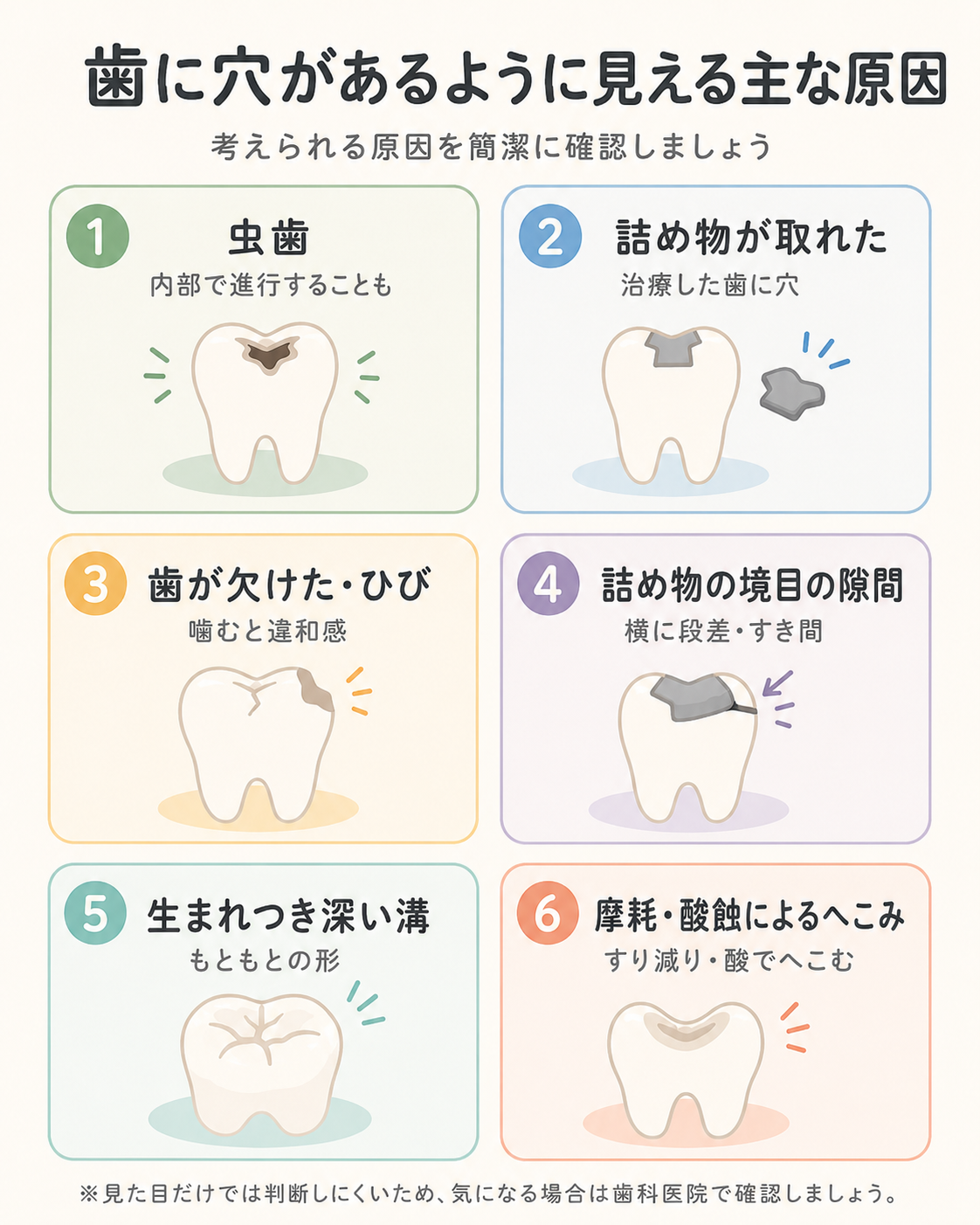 歯に穴があるように見える虫歯以外を含む6つの原因