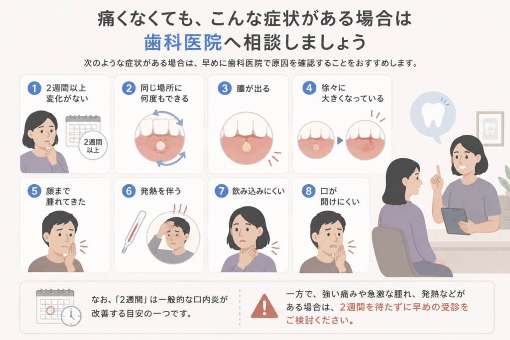 痛くなくても歯科医院を受診したほうがよい歯茎の白いできものの症状（2週間以上続く・膿・腫れ・発熱など）