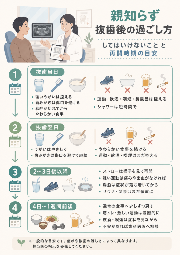 親知らず抜歯後の「してはいけないこと」と再開時期の目安図解