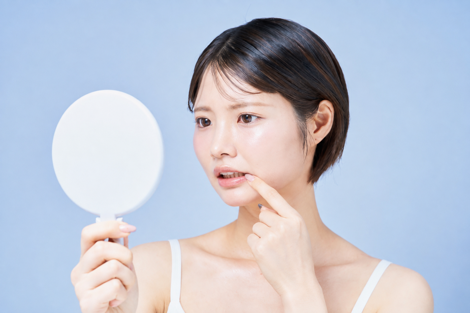歯と歯茎の境目に見える黒い・茶色い線を鏡で見るイメージ